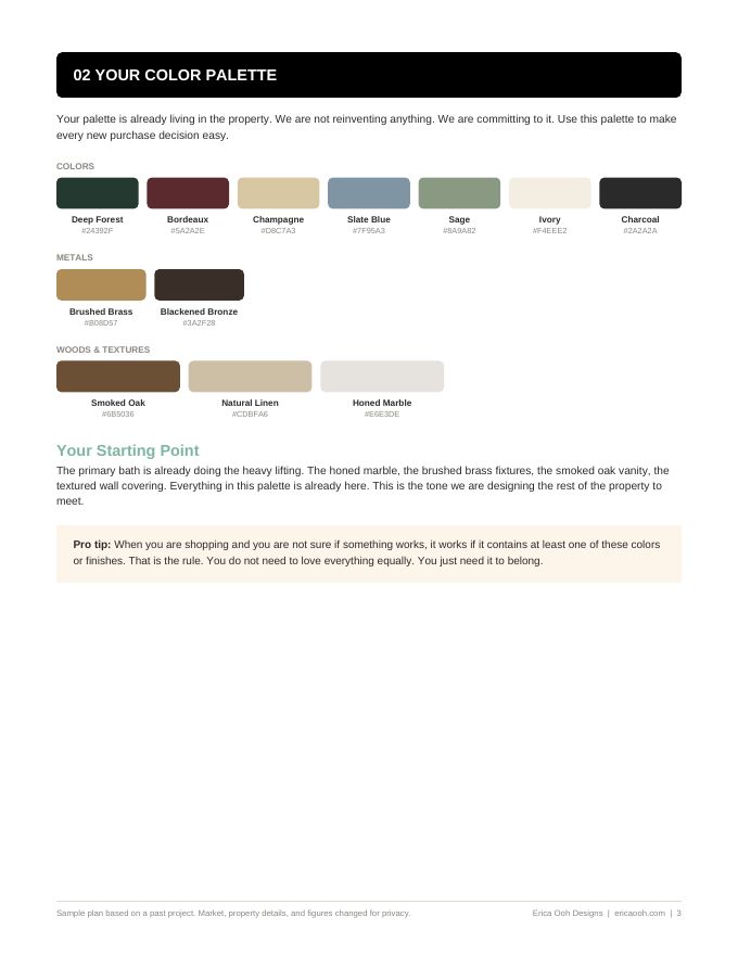 Sample vacation rental design strategy plan, color palette page